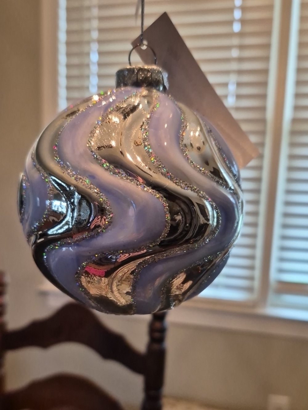 Bloomingdale's Lavender and Silver Swirl Glass Ornament